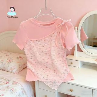Áo thun giả 2 lớp kiểu Pháp cho bé gái – Họa tiết hoa nhỏ, cột dây, không đối xứng, tay ngắn, mùa hè
