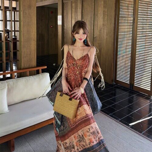 Đầm dây maxi hoạ tiết Bohemian thiếu nữ