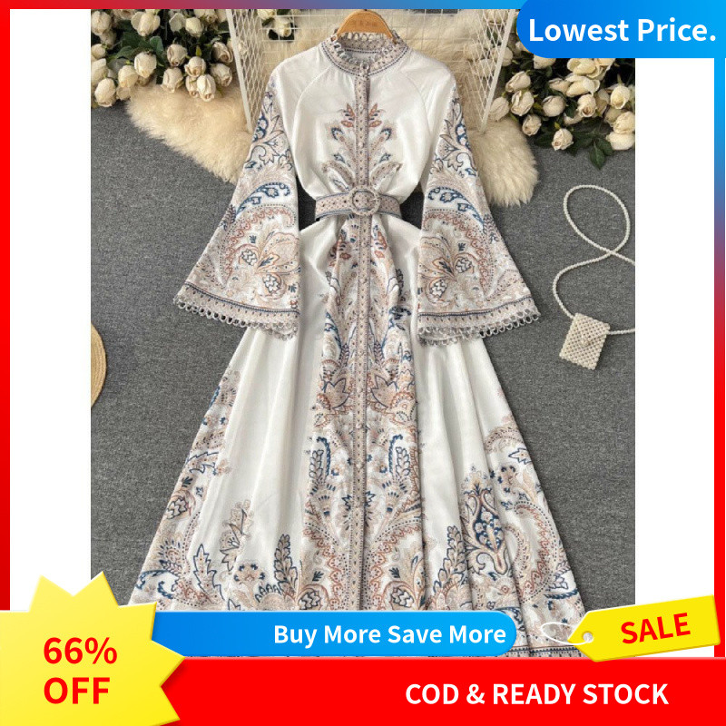 Đầm dài xếp ly không đều retro với họa tiết vintage và chi tiết bằng lông  Phong cách mùa xuân