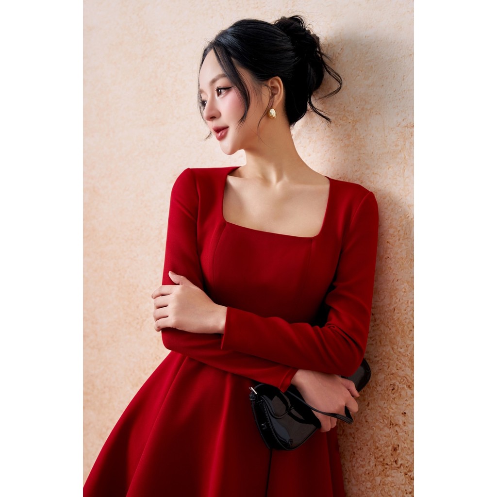 Đầm dáng dài ELLA DORA thiết kế cổ vuông gấu xòe form ôm thanh lịch phong cách Hàn Quốc [D277]
