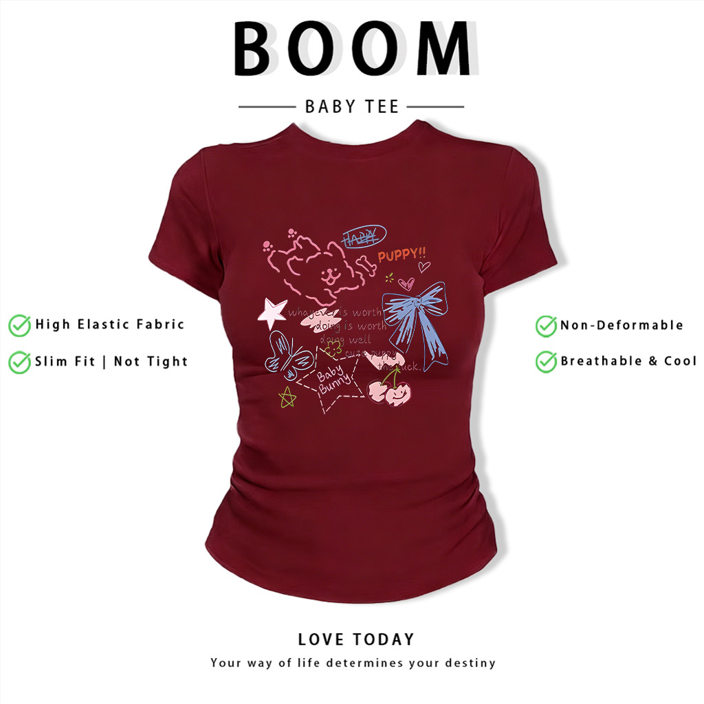 BOOM Áo Baby Tee Nữ Cotton Ôm Body-Áo Thun Ngắn Tay Y2K In Hình PhongCách Mùa Hè, Cổ Tròn Hàng Đầucách hàn quốc phongR38