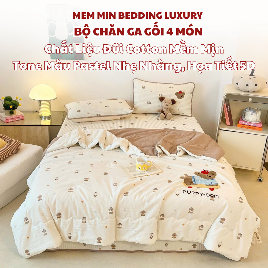 (SCB105)Bộ chăn ga gối 4 món chất liệu đũi Memminbedding kèm chăn hè với họa tiết 5D thêu nổi siêu dễ thương