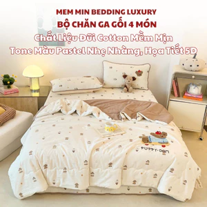 Bộ chăn ga gối 4 món chất liệu đũi Memminbedding kèm chăn hè với họa tiết 5D thêu nổi siêu dễ thương