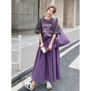Áo Thun và Váy Xếp Ly Eo Cao, Màu Xám và Tím, Size Lớn Cho Ngày Thường