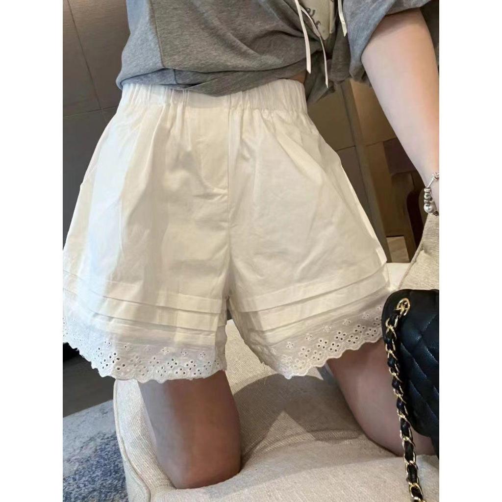 Quần short nữ ren mùa hè với dây thun tiện lợi, thiết kế ống rộng màu trắng