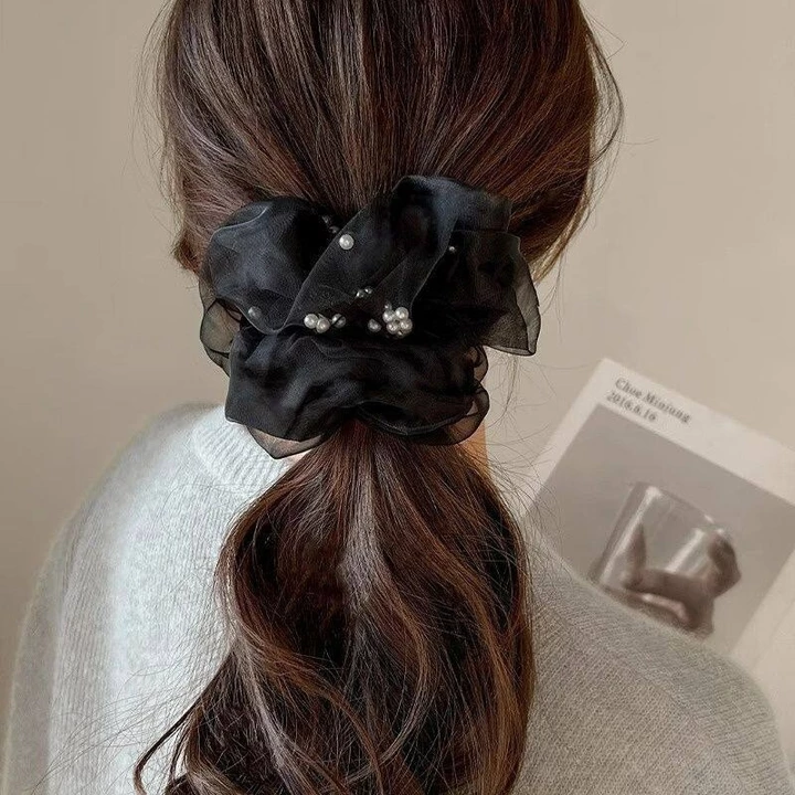 Nhẹ Nhàng Lớn Trắng Đen Lưới Ngọc Trai Scrunchie Tóc Dây Buộc Tóc Scrunchies Phụ Kiện Tóc