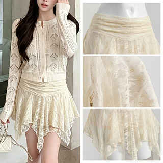 VM-Chân váy nữ ren cổ điển cạp cao, vạt bất đối xứng, đa năng và phong cách.
