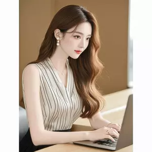 Áo Vest sọc cổ chữ v trưởng thành nhẹ kiểu Pháp Áo sơ mi đơn giản Thiết kế nữ Niche Mùa hè Áo không tay độc đáo