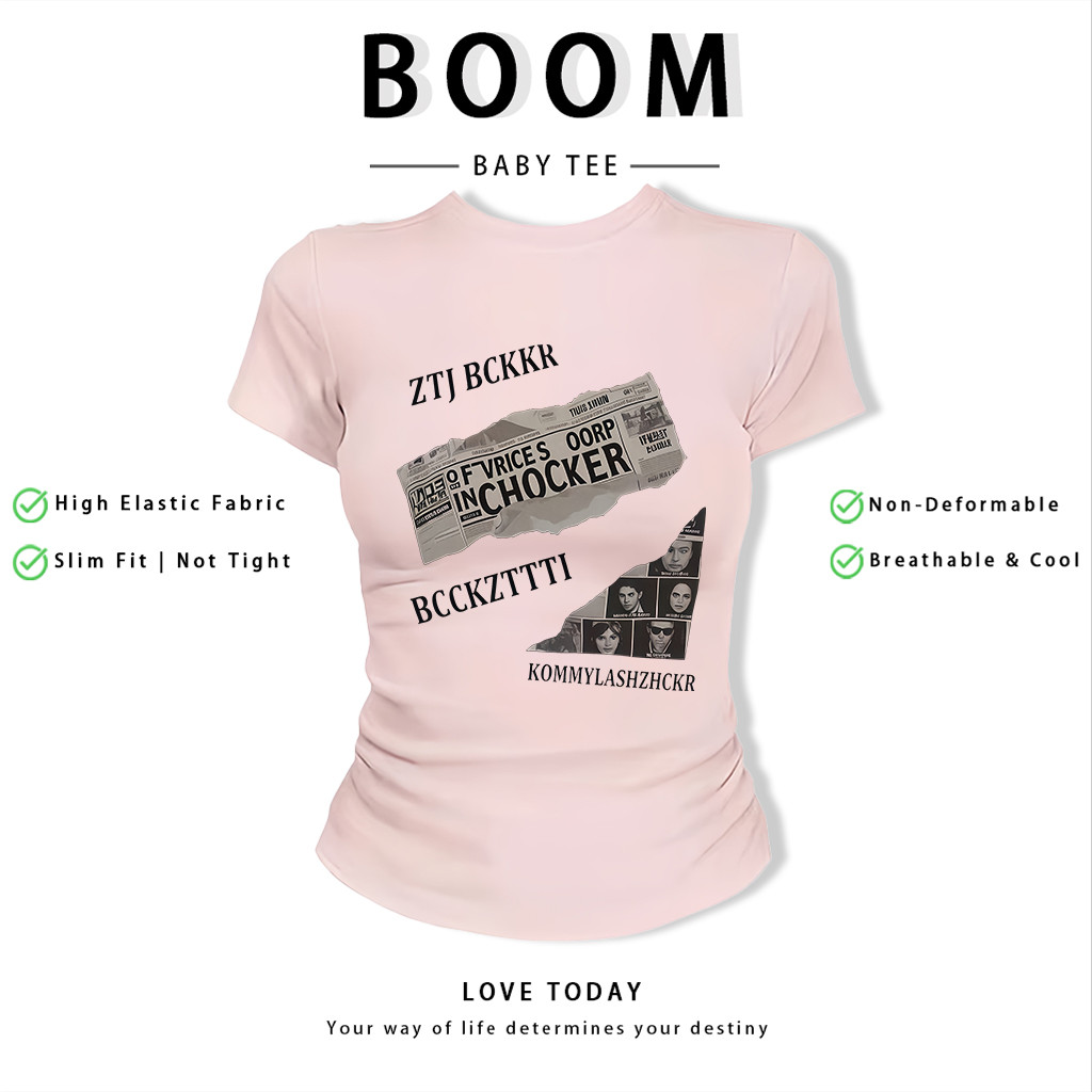 BOOM Áo Baby Tee Nữ Cotton Ôm Body-Áo Thun Ngắn Tay Y2K In Hình PhongCách Mùa Hè, Cổ Tròn Hàng Đầucách hàn quốc phongV98