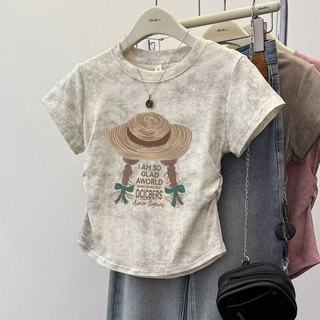 Nữ Vintage Rửa Màu Hồng Ruched Áo Thun Cổ Tròn Tay Ngắn Slim Fit Top