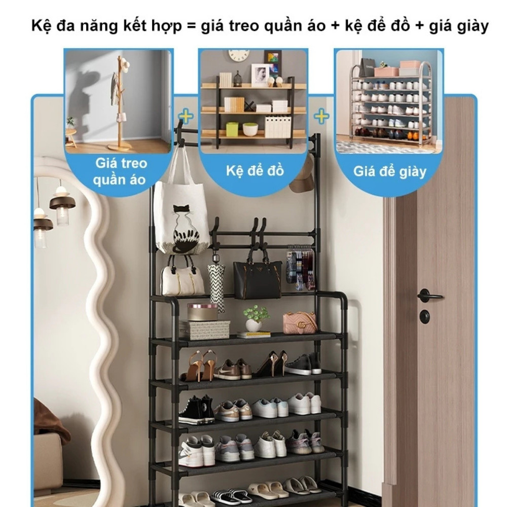 Kệ Đựng Giày Dép 5 Tầng Kèm Giá Treo Quần Áo Túi Xách HomeMate, Kệ Giày Thép Không Gỉ Đa Năng