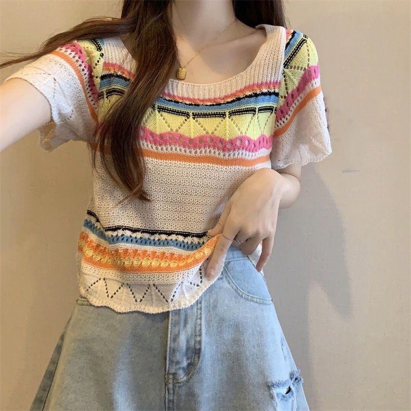 [Giảm giá 50%] Áo thun ngắn tay cổ tròn vuông phù hợp phong cách ngắn tay ngọt ngào dành cho nữ Mùa hè Phong cách mới thon gọn hơn trông mỏng dệt kim Sw