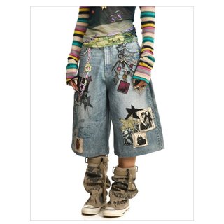 Quần short denim nam GKSSS, phong cách hip-hop Mỹ, chất lượng đường phố cao cấp, phong cách trung tính