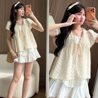 Áo Babydoll Viền Bèo Cộc Tay Hoa Nhí Nơ Ngực Phối Ren Boi Trắng Thời Trang Nữ