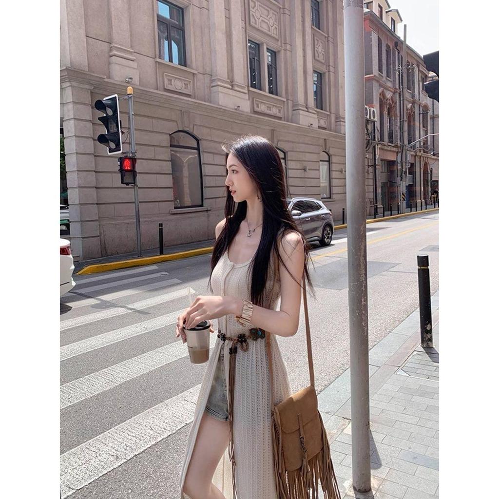 [Thời gian có hạn Seckill] Váy Cardigan dài dệt kim rỗng phong cách nghỉ mát dành cho nữ Mùa hè Phong cách mới nhiều lớp Váy Vest không tay Váy dài