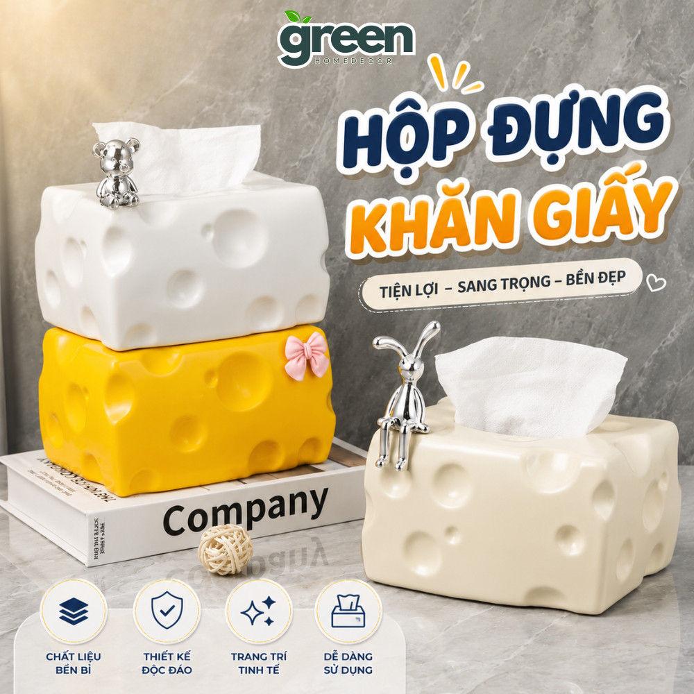 Hộp Rút Khăn Giấy Hình Phô Mai Cao Cấp, Hộp Đựng Giấy Ăn Decor Phòng Khách Đẹp