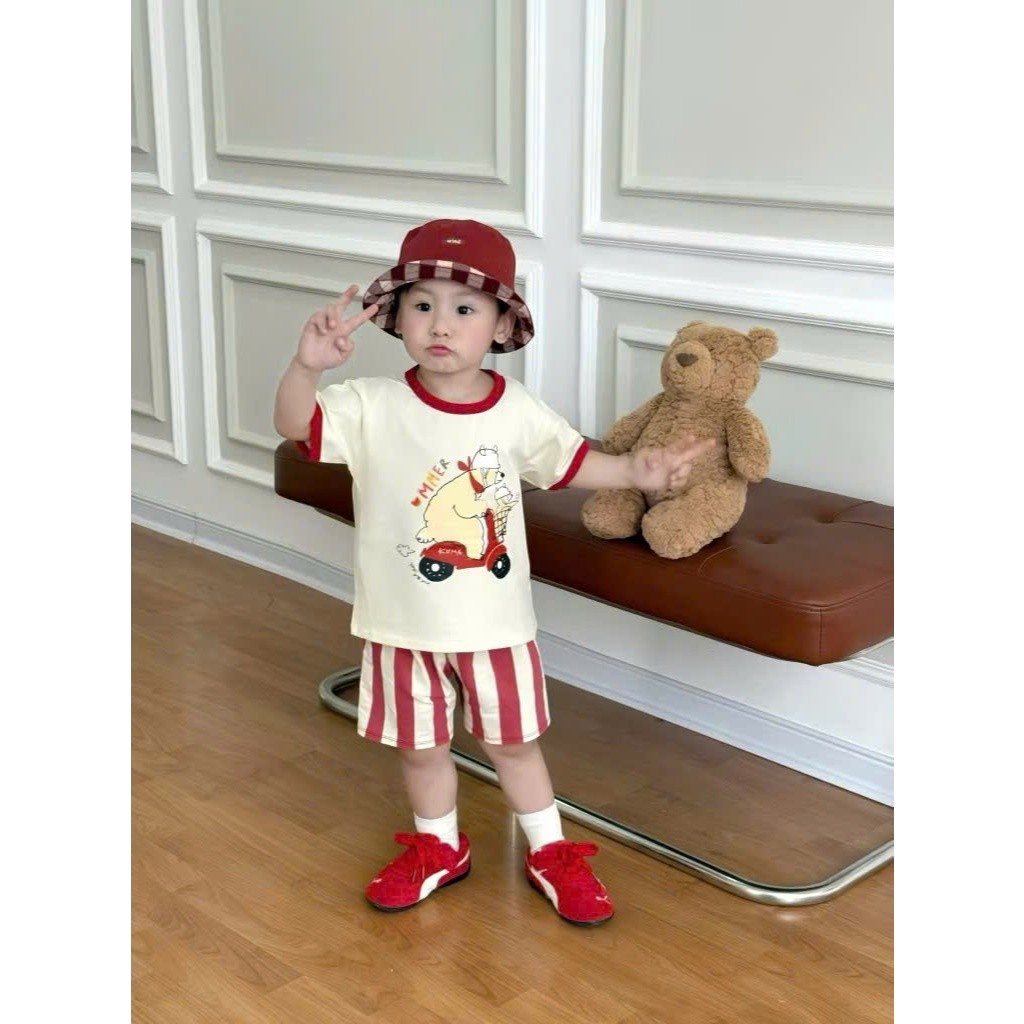 Sét Bé Gái HỌA TIẾT GẤU BÃI BIỂN QC69 K.Kid Bộ Mùa Hè Chất Cotton Mềm Mát Size 8-20kg M88