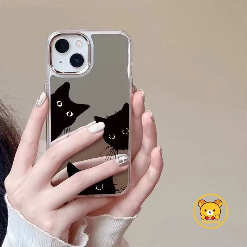 Ốp điện thoại gương mèo đen hoạt hình dễ thương cho Realme 16 15T 15X 15 Pro Plus C85 C83 C71 Neo8 GT8 Narzo 90X 80 Note 70 70T P4 Pro Lite P3 Ultra 5G Vỏ chống sốc ngộ nghĩnh