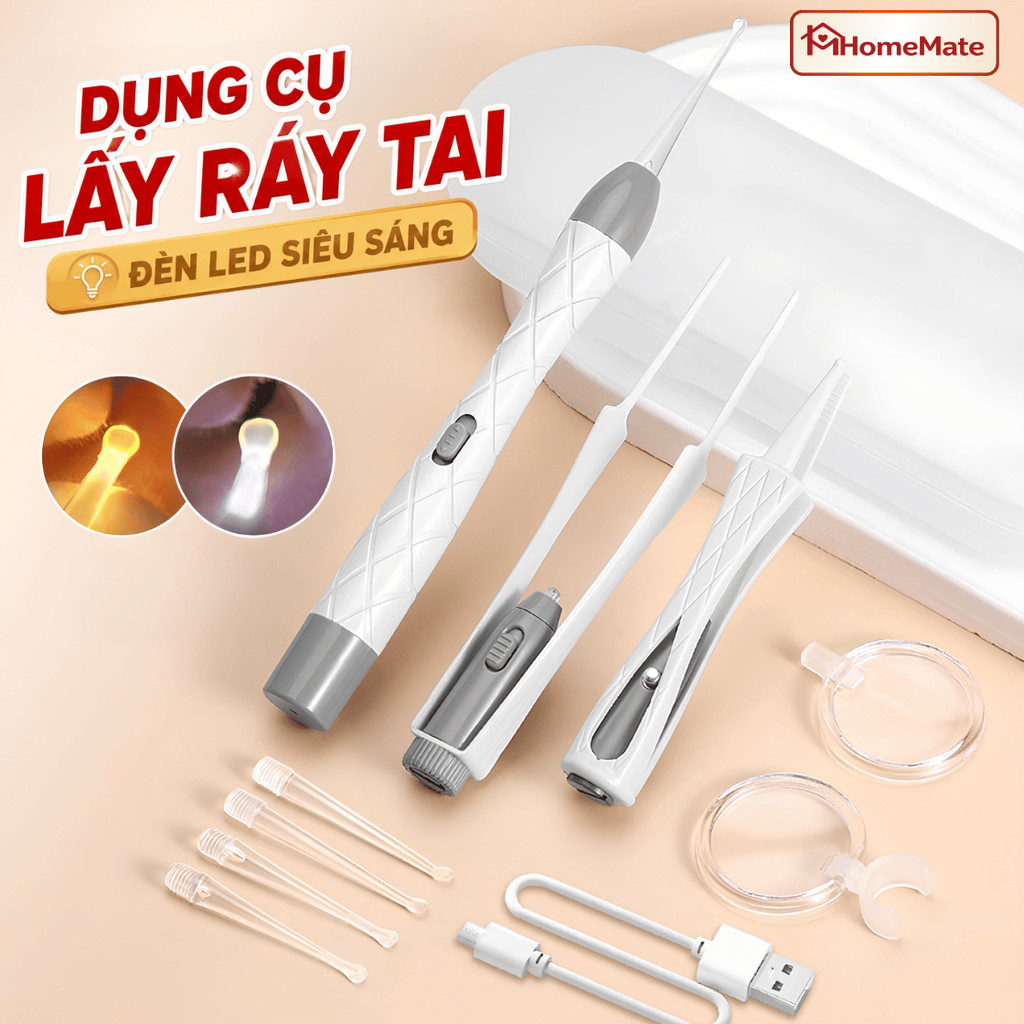 Bộ Lấy Ráy Tai Có Đèn LED HomeMate – Đầu Silicon Mềm An Toàn Cho Bé, Kèm Nhíp & Sạc USB Không Dây