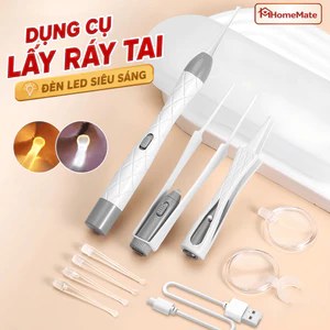 Bộ Lấy Ráy Tai Có Đèn LED HomeMate – Đầu Silicon Mềm An Toàn Cho Bé, Kèm Nhíp & Sạc USB Không Dây
