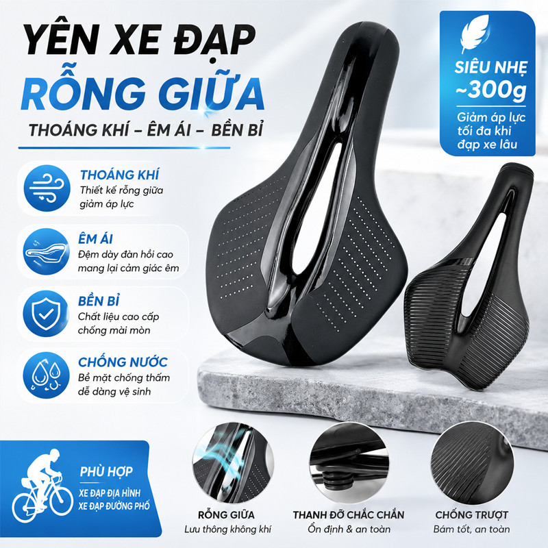 Yên Xe Đạp Siêu Nhẹ Thoải Mái – Đệm Êm, Thoáng Khí, Chống Nước, Chuyên Nghiệp, Dùng Cho MTB & Xe Thể Tha