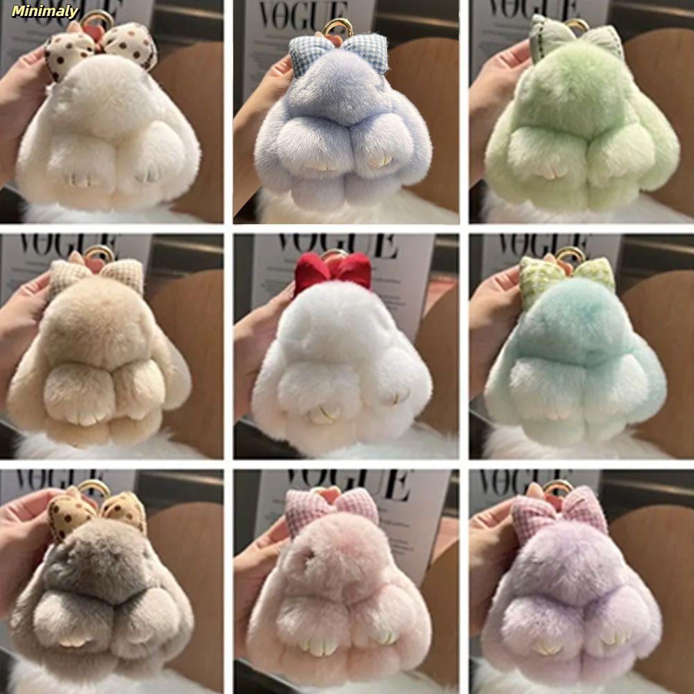 [Vận chuyển nhanh] Móc khóa búp bê thỏ lông tơ MINIMALY, treo trang trí búp bê nhồi bông Pompoms Bow Rabbit Mặt dây chuyền, Phụ kiện túi đeo mặt dây chuyền sang trọng hoạt hình dễ thương