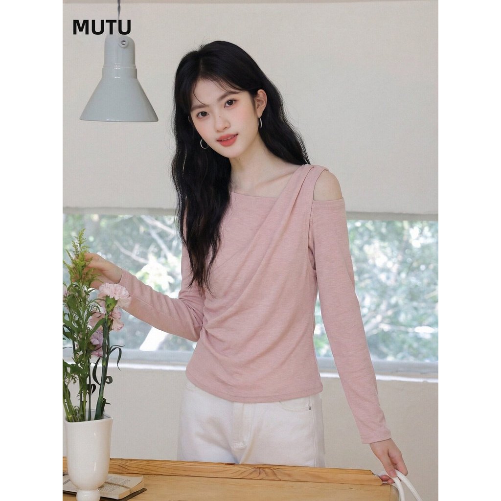 Mutu Áo sơ mi off-the-shoulder tay dài nữ mùa xuân 2026 - Thiết kế mới phong cách Pháp, ôm eo thanh lịch