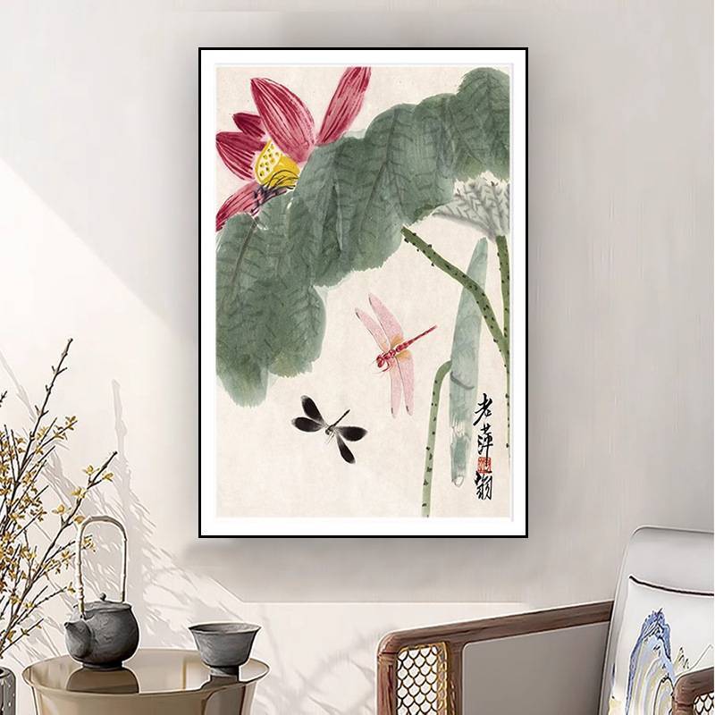 Phong Cách Trung Hoa Mới Hoa Sen Chim Canvas Tranh Không Khung Chống Thấm Nước Qi Baishi Nghệ Thuật Nổi Tiếng Cho Phòng Trà Phòng Khách Phòng Ăn Trang Trí Tường