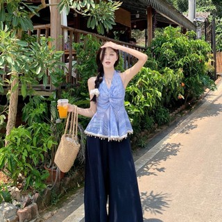 Áo camisole ngắn cổ V thanh lịch có hạt xoắn cho nữ nhỏ nhắn Mùa hè phong cách Hàn Quốc mới