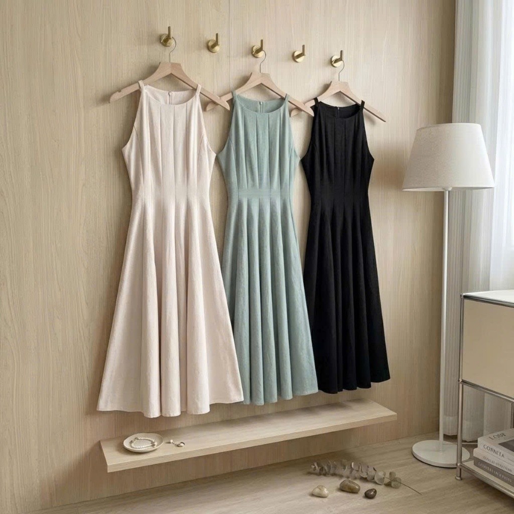 Váy Cổ Yếm Dáng Dài Xòe Chất Chéo Tiểu Thư Hàn Quốc Thanh Lịch Nữ Tính Linh Tây.Clothing V003