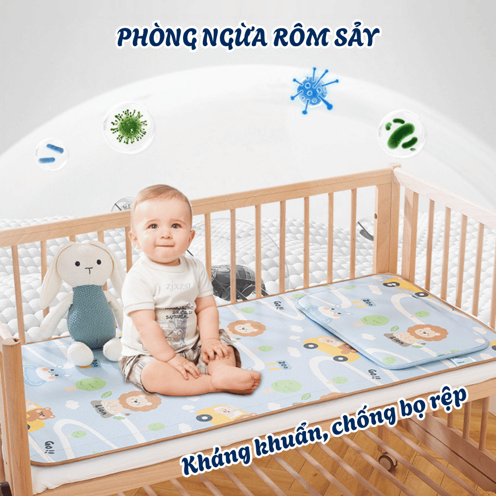 Chiếu Mây Điều Hòa Lụa Lạnh Cho Bé Dino, Thảm Mát Thoáng Khí An Toàn Hình Dễ Thương Dùng Mùa Hè