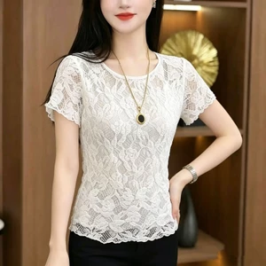 Áo thun nữ mùa hè có ren và cổ tròn, thiết kế thời trang