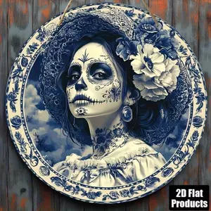 CIFbuy Skull Xanh Trắng Sứ Tín Hiệu Treo Tường Nghệ Thuật Trang Trí 8x8 Inch