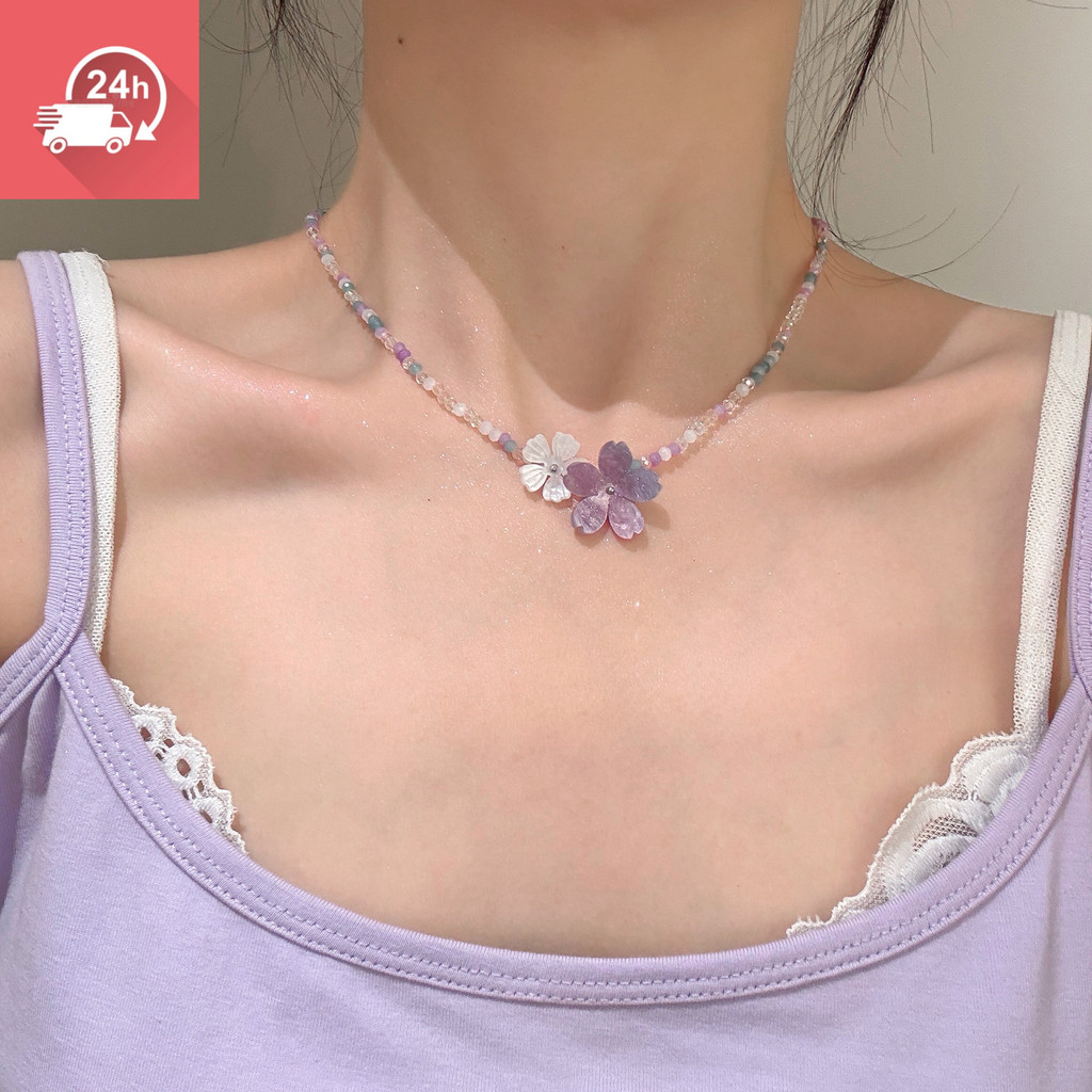 Dây chuyền nữ hạt pha lê màu hồng tím, thiết kế ngọt ngào và cá tính
