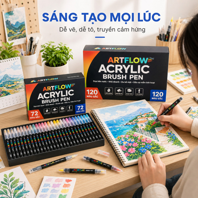 Bút acrylic marker 72/120 màu, hệ thống điều khiển mực lỏng, đầu cọ mềm, màu sắc tươi sáng, dùng trên nhiều vật liệu