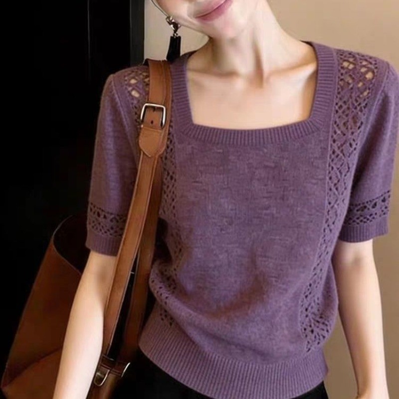 Áo ngắn tay dệt kim cổ vuông cổ điển, phù hợp mùa hè dành cho nữ