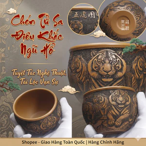 Chén Trà Tử Sa Nghi Hưng Khắc Nổi "Ngũ Hổ Lâm Môn" 180ml - Tuyệt Tác Thủ Công Đẳng Cấp