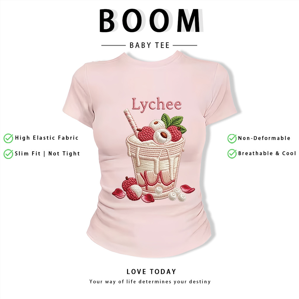 BOOM Áo Baby Tee Nữ Cotton Ôm Body-Áo Thun Ngắn Tay Y2K In Hình PhongCách Mùa Hè, Cổ Tròn Hàng Đầucách hàn quốc phongK08