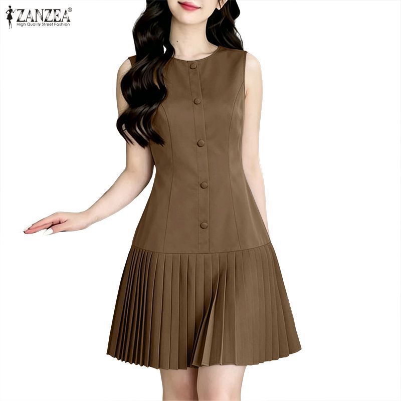 ZANZEA Nữ Hàn Quốc Văn Phòng Thanh Lịch OL Cổ Tròn Nút Trang Trí Xếp Ly Nối Xe Tăng Váy