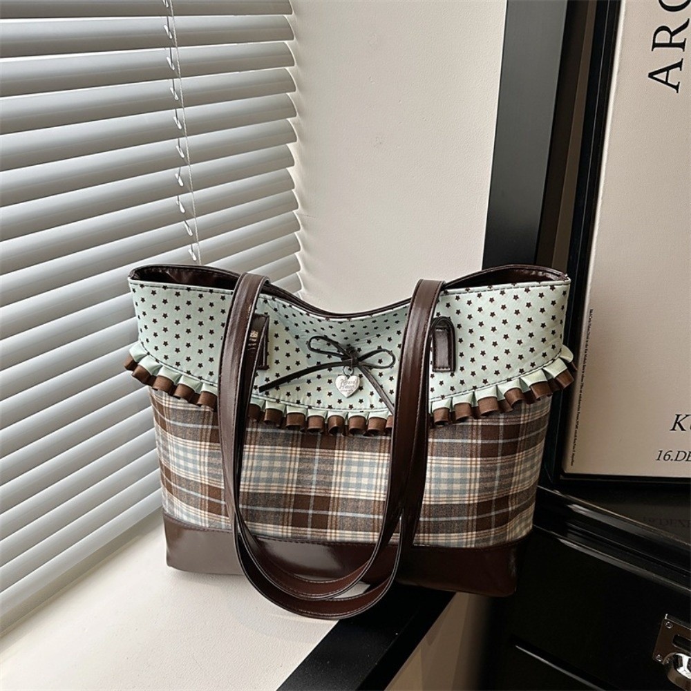 Túi tote to vải Canvas kẻ sọc ren, chắp vá chấm bi dung tích lớn, xanh lá cây cổ điển, đeo nách