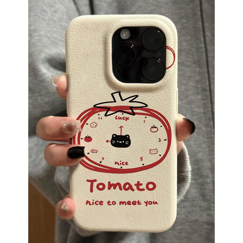 Tomato cà chua đồng hồ mèo cho iPhone 17promax trường hợp iPhone 14/13/12 giả da kết cấu