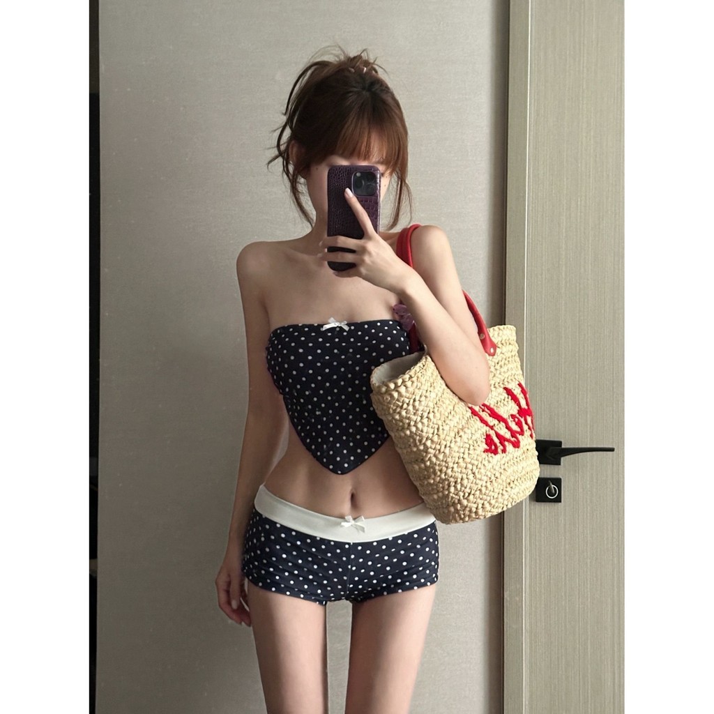 T Thái Lan Chấm Bi Ống Top Boxer Nơ Bảo Thủ Đẹp Lưng Bikini Chia Đồ Bơi Nữ