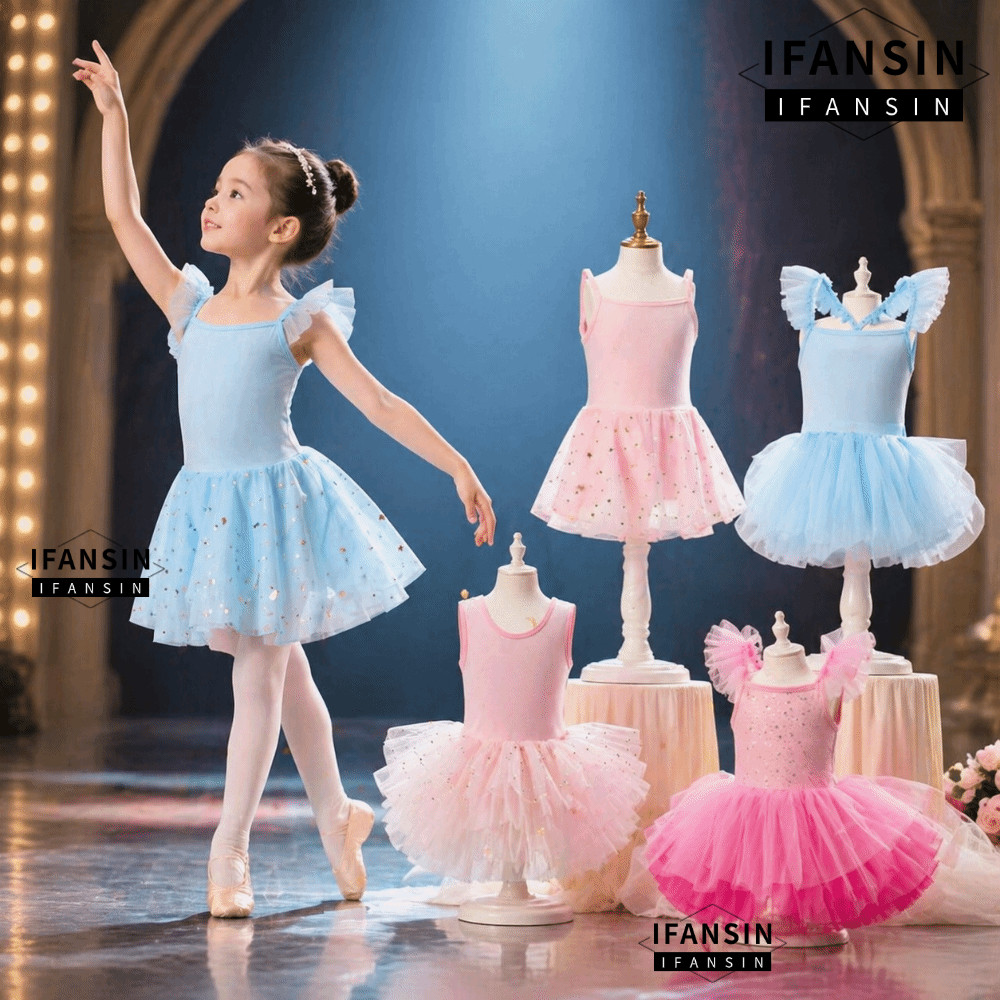 IFASIN Váy múa ba lê bé gái, Đầm hoàng tử Sequin Đầm ba lê TuTu, Dây đeo chéo chuyên nghiệp Váy khiêu vũ ngắn tay phồng dự tiệc chụp ảnh