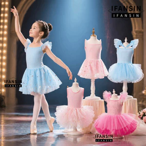 IFASIN Váy múa ba lê bé gái, Đầm hoàng tử Sequin Đầm ba lê TuTu, Dây đeo chéo chuyên nghiệp Váy khiêu vũ ngắn tay phồng dự tiệc chụp ảnh