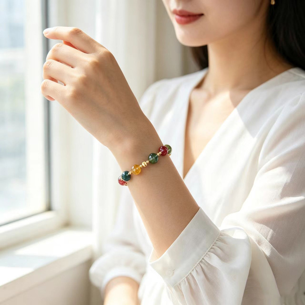 Thạch Anh Nhiều Màu Sắc Tourmaline Vòng Tay Nữ Retro Văn Học Đính Hạt Vòng Tay Thiết Kế Niche Lễ Hội