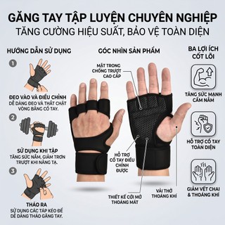 Găng tay thể thao hở ngón cho nam nữ tập gym Chống trượt, cầm chắc tay,Chất liệu Silicon
