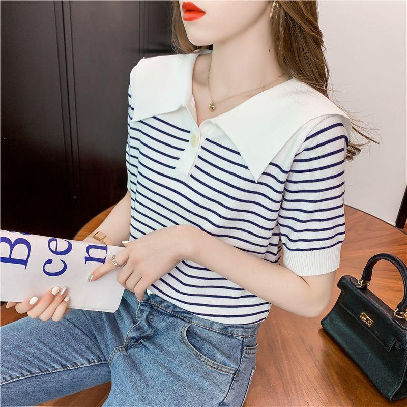 [Thời gian có hạn Seckill] Áo thun ngắn tay bằng lụa băng nữ mùa hè phong cách hải quân polo ve áo len sọc thiết kế rộng rãi Niche Top