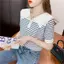 Áo thun ngắn tay bằng lụa băng nữ mùa hè phong cách hải quân polo ve áo len sọc thiết kế rộng rãi Niche Top