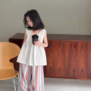 Áo Sơ Mi Trẻ Em Bé Gái Phiên Bản Hàn Quốc Màu Trơn Không Tay Sling Váy Trẻ Em Cổ Chữ V Rời