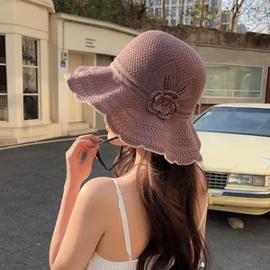 Mũ Chống Nắng Mới Phong Cách Mùa Hè Sóng Cạnh Lớn Xô Nón Nữ Đi Biển Du Lịch Dệt Kim Chống Nắng Hoa Thoáng Khí Mũ Chống Nắng